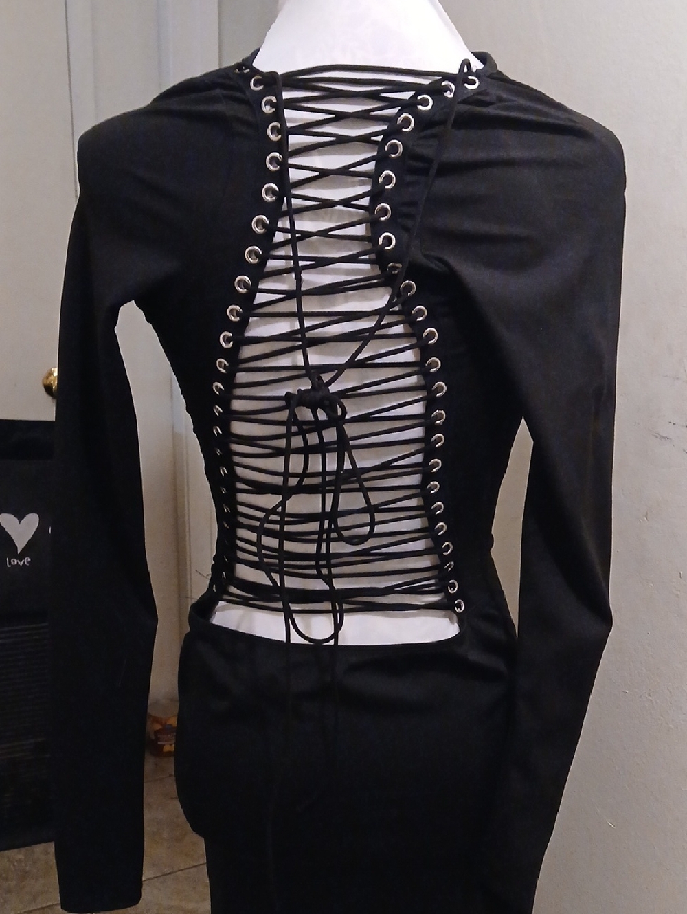 Missguided + Black Long Sleeve Lace-Up Back Dress